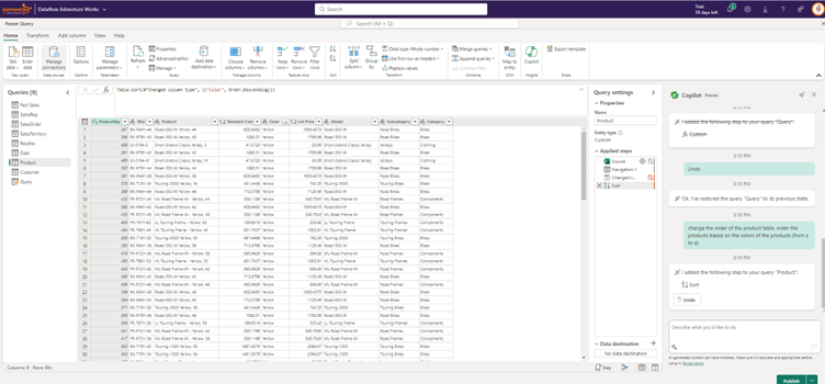 Copilot in gen2 - sort columns