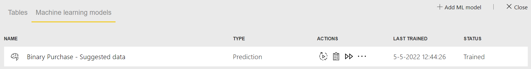 Machine learning models tab screenshot