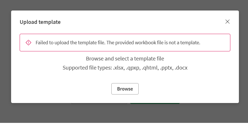 The upload error shown when a template is dragged onto the upload area.